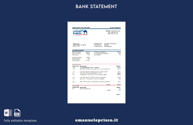 modello word di estratto conto bancario della Kuwait National Bank of Kuwait NBK